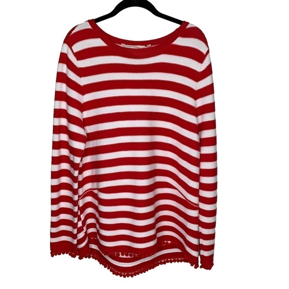 Soft Surroundings Vista Pom Pom Pullover Sweater XL Petite Red White Stripe - Picture 2 of 7